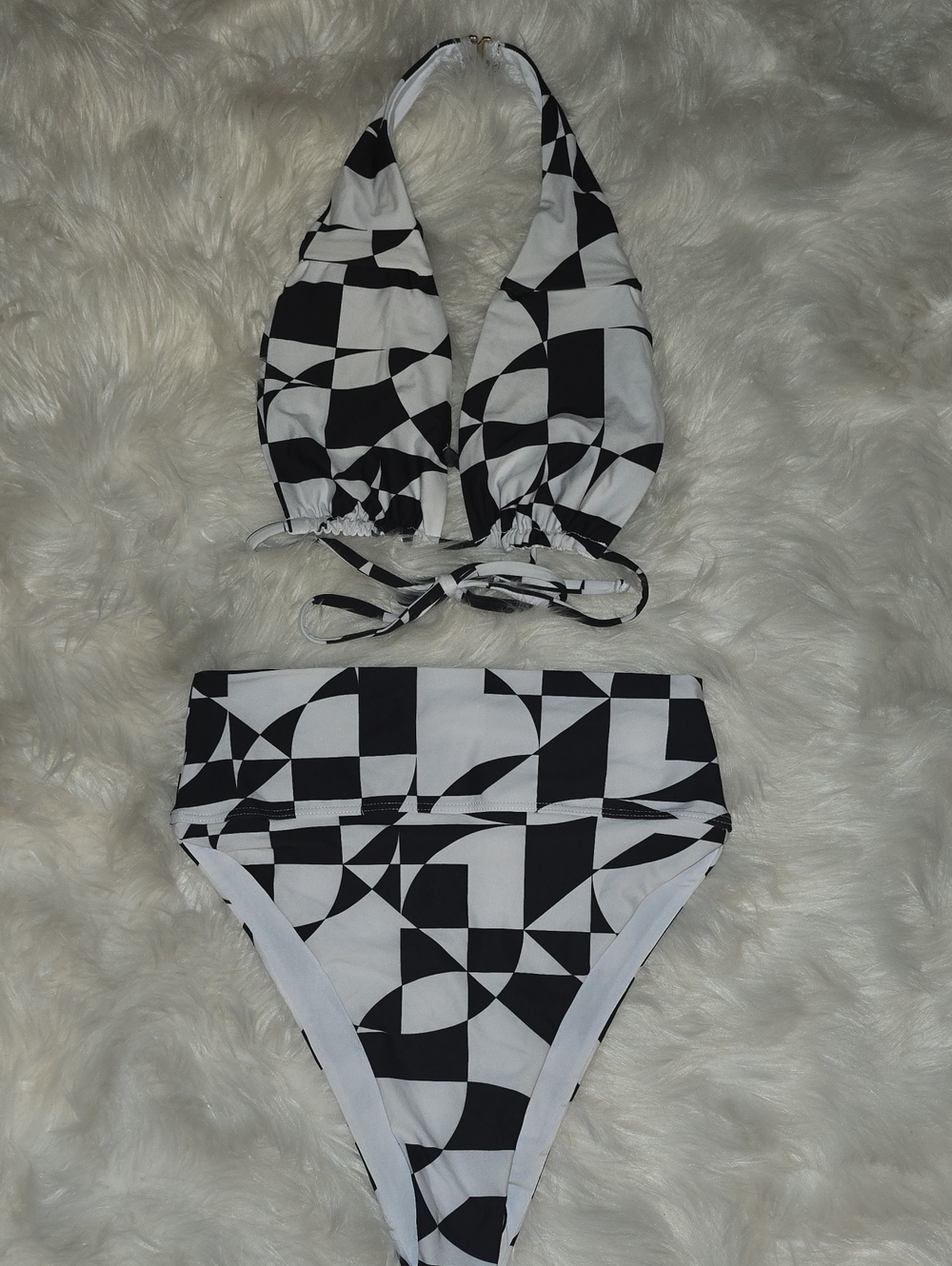 Beach Riot Black & White Geometric Halter High-Waist Bikini SIZE M